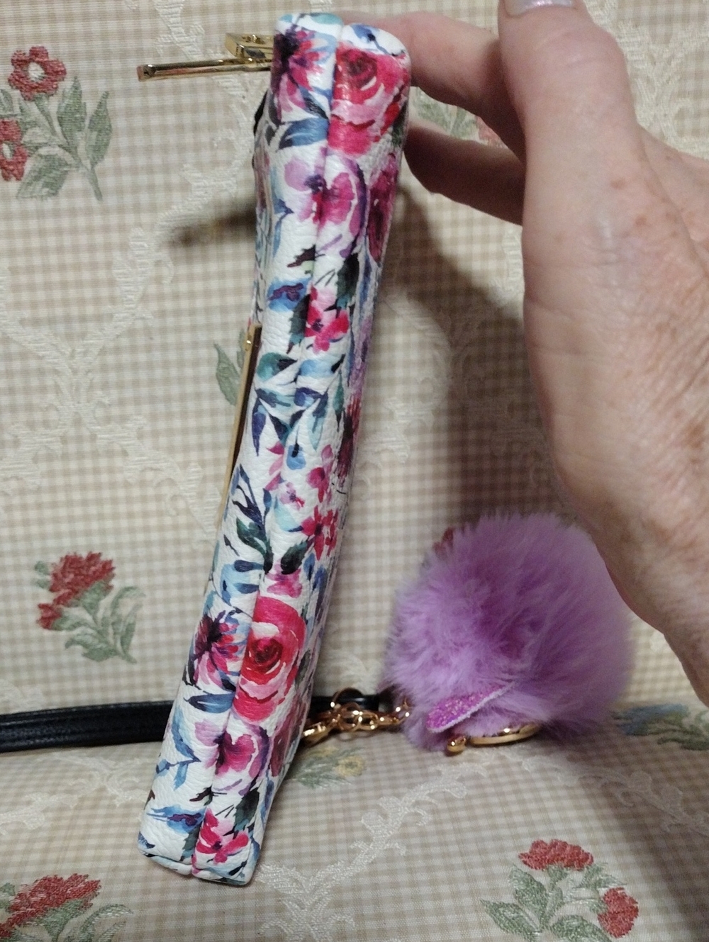 Floral Double Zip Wristlet with Purple Pom Owl Charm - Picture 5 of 5